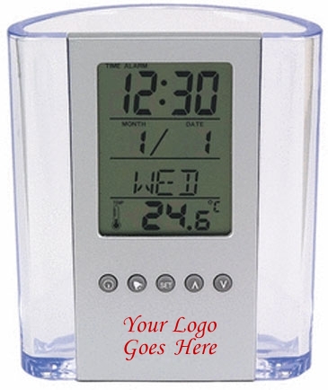 Clear Pen Cup with Digital Alarm Clock & Thermometer