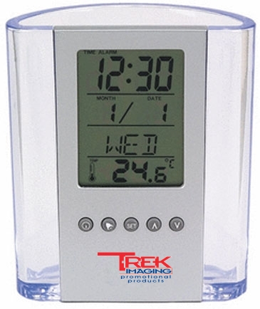 Clear Pen Cup with Digital Alarm Clock & Thermometer