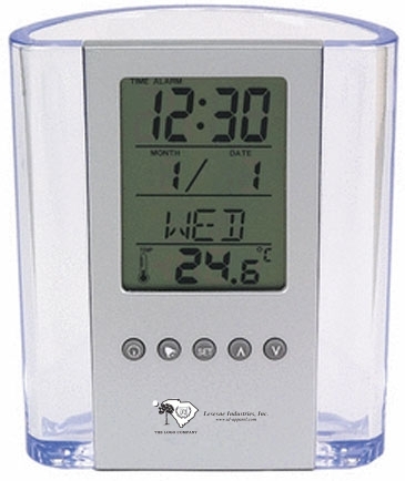 Clear Pen Cup with Digital Alarm Clock & Thermometer