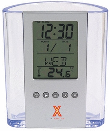 Clear Pen Cup with Digital Alarm Clock & Thermometer