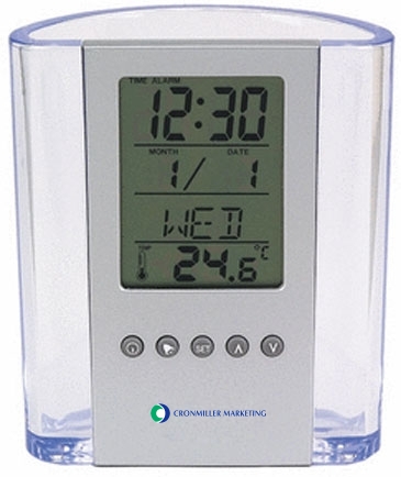 Clear Pen Cup with Digital Alarm Clock & Thermometer