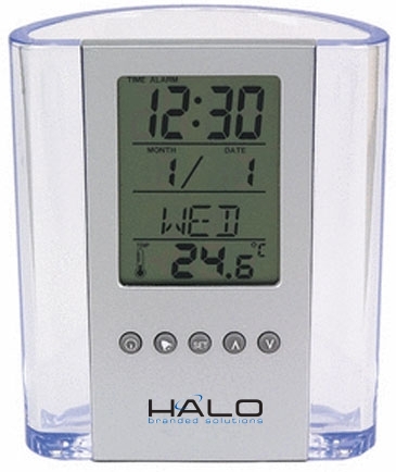 Clear Pen Cup with Digital Alarm Clock & Thermometer