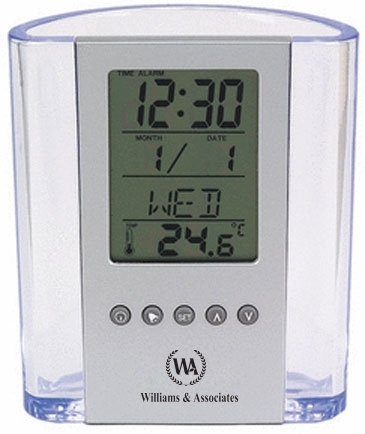 Clear Pen Cup with Digital Alarm Clock & Thermometer