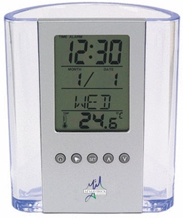 Clear Pen Cup with Digital Alarm Clock & Thermometer