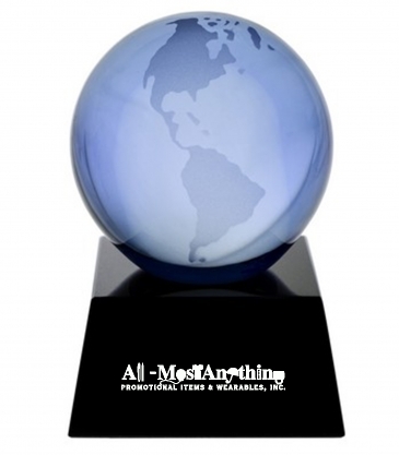 3" Blue Crystal Globe Award on Black Marble Base