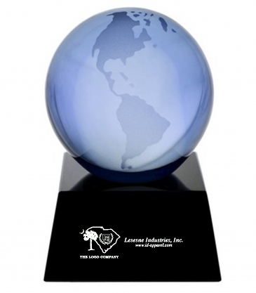 3" Blue Crystal Globe Award on Black Marble Base