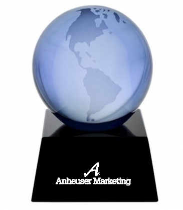 3" Blue Crystal Globe Award on Black Marble Base