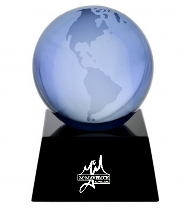 3" Blue Crystal Globe Award on Black Marble Base