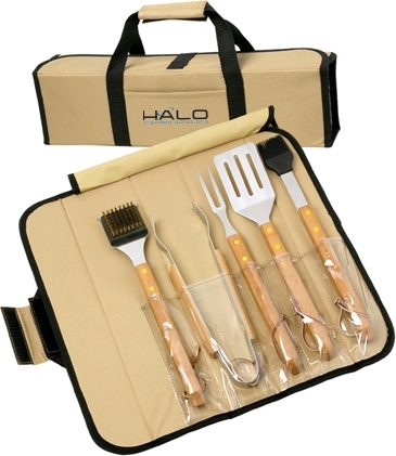 5 Piece BBQ Set (Bamboo) in Roll-Up Case