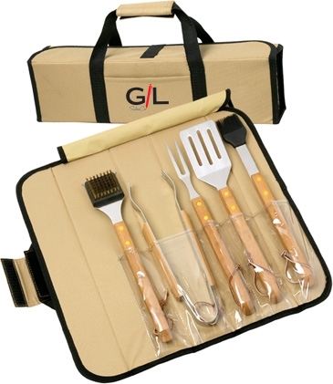 5 Piece BBQ Set (Bamboo) in Roll-Up Case