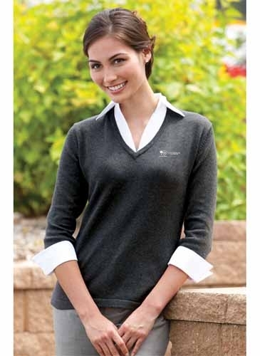 Ladies Fine Gauge Sweater With Woven Collar & Cuffs