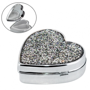 Heart Shape Metal Pill Box With Mirror & Glittery Cover