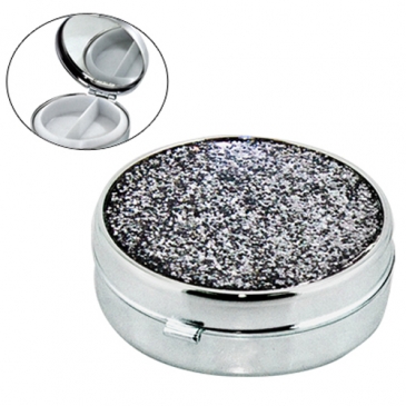 Round Metal Pill Box With Mirror & Glittery Cover Product