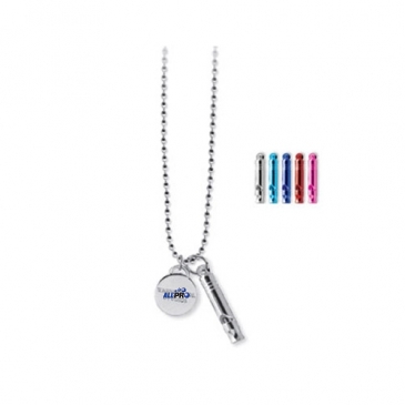 Emergency Mini Whistle and Etched Charm on 30” Ball Chain