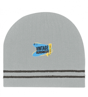 Ribbed Knit Beanie With Double Stripe_Embroidered
