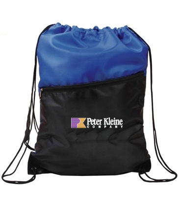 Two-Tone Poly Drawstring Backpack with Zipper Front Pocket