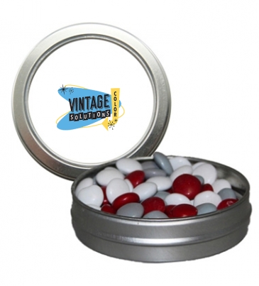 Candy Window Tin Short Round - Corporate Color Chocolates