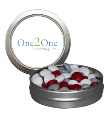Candy Window Tin Short Round - Corporate Color Chocolates