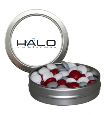 Candy Window Tin Short Round - Corporate Color Chocolates