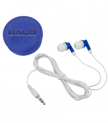 Earbuds In Round Plastic Case