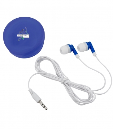Earbuds In Round Plastic Case