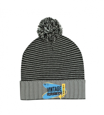 Knit Pom Striped Beanie With Cuff_Embroidered