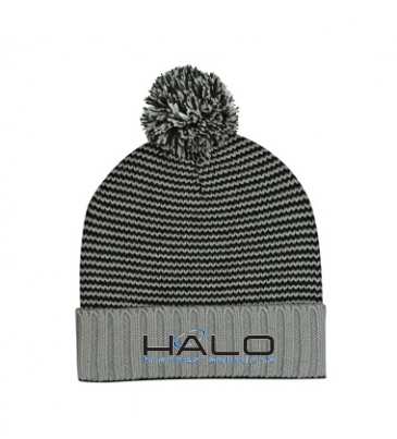 Knit Pom Striped Beanie With Cuff_Embroidered