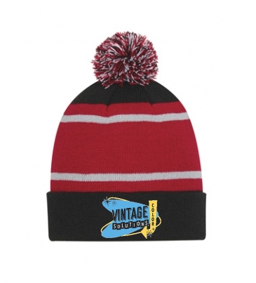Tri-Tone Striped Pom Beanie With Cuff_Embroidered