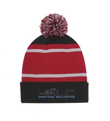 Tri-Tone Striped Pom Beanie With Cuff_Embroidered