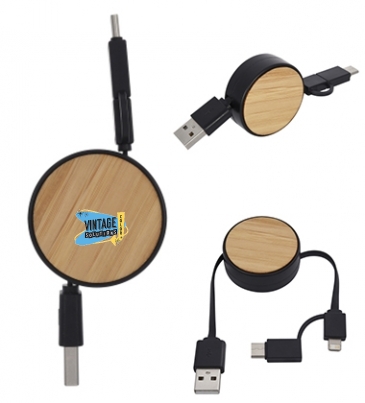 Bamboo Retractable 3 in 1 Charging Cable