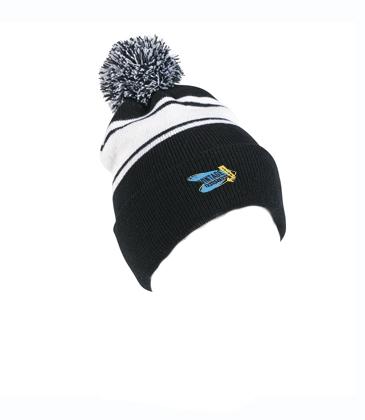 Two-Tone Knit Pom Beanie With Cuff_Embroidered