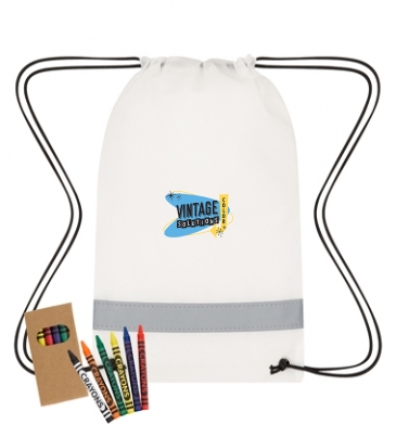 Lil' Bit Reflective Non-Woven Coloring Drawstring Bag With Crayon