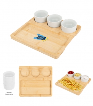 Bamboo Serving Tray With Ceramic Bowls